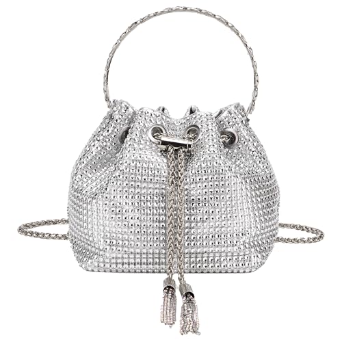 DODAMOUR Bolsa balde com cordão de strass com borla e alça de corrente, mini bolsa de ombro ou bolsa de luxo portátil, bolsa noturna brilhante para casamentos, festas ou eventos formais (prata)