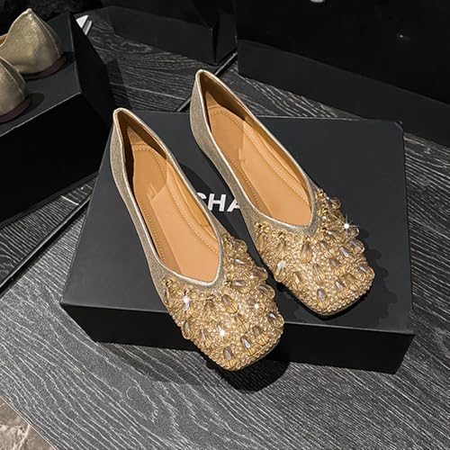 Women's Square Toe Flats Rhinestone Ballet Shoes,Fashion Wedding Flats for Women Comfortable Slip on Low Heel Shoes (B Gold,8.5)2