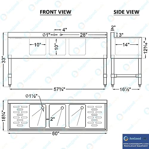 Image of AmGood 60 in. x 19 in. Three Bowl Commercial Underbar Sink with Two Drainbaords, NSF Approved