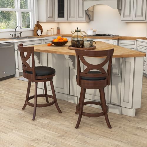 COSTWAY Butaco Set de 2, Sillas giratorias de 24 pulgadas con cojín suave y respaldo hueco elegante, reposapiés de madera de caucho, taburetes giratorios tapizados para isla de cocina, pub, café miniatura 2