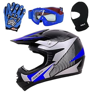 Zorax ZOR-X19 Blue L (53-54cm) PREDATOR Kids Motorbike Motocross MX Helmet & Gloves L (53-54cm) & Goggles & Balaclava