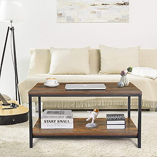 KUNOVA (TM) Industrial Coffee Table with Storage Living Sitting Room, 80 X 50 CM Wood Look Accent Furniture with Vintage Wooden Board Metal Frame 2-Tier, Rustic Brown Easy Assembly - Image 3