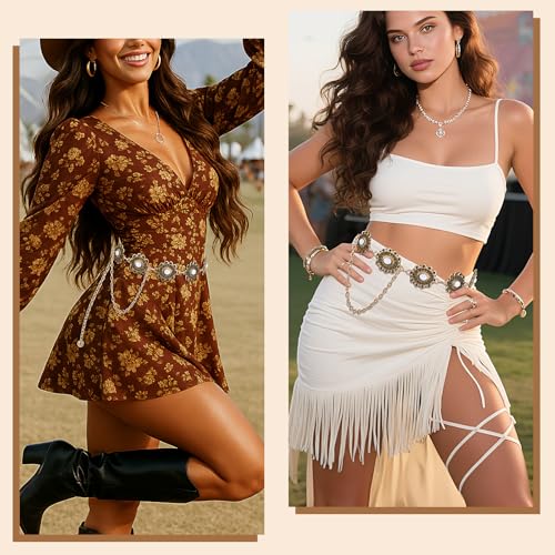 XZQTIVE Women Boho Chain Belts For Dresses Jeans Western Cowgirl Waist Links Belt Adjustable Metal Concho Belt