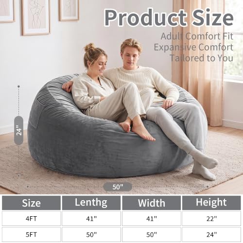 Image of 5 Ft. Bean Bag Chair for Adults, Teens, Kids with Memory Foam Filling