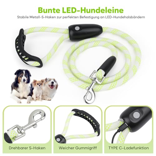 Sugiifamy LED Hundeleine, Wiederaufladbar Hundeleine für große, mittelgroße und kleine Hunde, 13 Beleuchtungsmodi mit Silikongriff, Sicherheit beim nächtlichen Spazierengehen (1.2M)