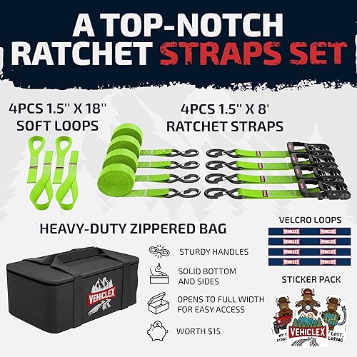 Image of Vehiclex Motorcycle Ratchet Tie Down Straps with Soft Loops, 1.5 inch x 8' | 4,400 lbs Break Strength, Powersports Tie Downs, Full Bend S Hooks with Safety Clips, Reinforced Stitching, 4 Pack, Green