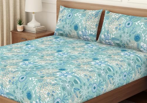 Image of Welspun ENZO King Size Fitted Bedsheet with 2 Pillow Covers | 360 Elastic | 100% Pure Cotton | 72 x 79 Inches | Soft, Breathable, Lightweight & Easy Care | Eggshell Blue