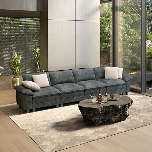Image of HERA'S HOUSE 158 inch Oversized Modular Sectional Straight Sofa,Chenille Blue | 4-Seater Living Room Couches, Wider Armrest and Deep Seat, Comfy Cloud Couch with Ottoman, Wood Sturdy Frame