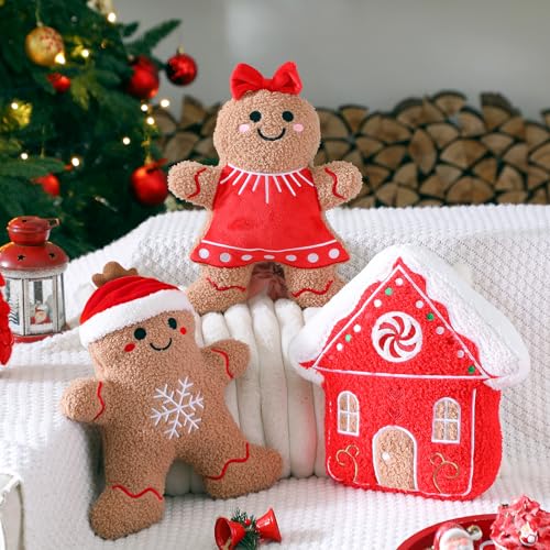 Image of Konohan 3 Pcs Christmas Gingerbread Pillows House Man Throw Pillows Stuffed Gingerbread Shaped Pillow for Christmas Party Outdoor Cushion Decorations (Red,Lovely Style)