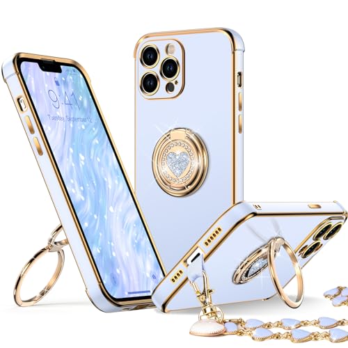 Image of XYZ for iPhone 13 Pro Max Back Cover Case with Stand, Phone Case with Double Ring Kickstand, Women Girl Cute Love-Heart Luxury Bling Protective Case Heart for iPhone 13 Pro Max, Blue