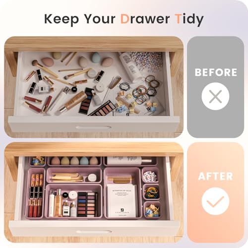 Image of 【Military Grade】A-LuGei Drawer Organizer,【𝟱𝗦𝗶𝘇𝗲】Makeup organizer,【Holds 177 Items】Bathroom Organizers and Storage,Organization and Storage,Desk Drawer Organizer for Vanity【Lilac】