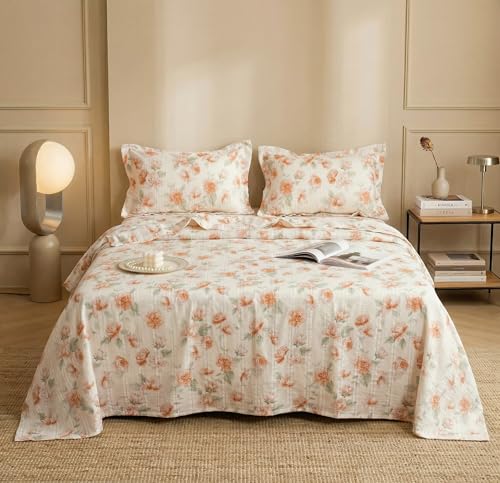 Image of VAS COLLECTIONS King Size Bedsheet Set Cloud Cotton 270x240 cm | Soft Breathable Flat Bed Sheet with 2 Pillow Covers | Floral Printed Bedsheet for King Bed | Durable Bedding Set, Rose Peach Ivory