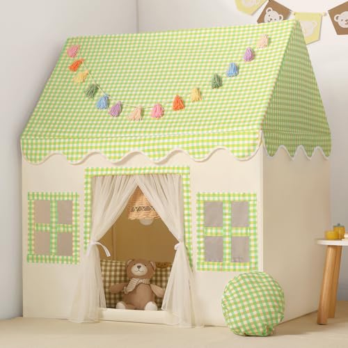 Wilwolfer Tienda de campaña Infantil: Jugar en Interiores y Exteriores - Tipi Casita Infantil con Guirnalda de borlas y Alfombra - Casa Grande para Niñas y Niños