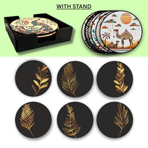 Image of Zesta Coasters for Cups Set of 6 / Wooden Coasters for Bar Accessories for Home /Tea Coaster Set of 6 / Waterproof Dining Table Decor Glass Cover (Black Abstract, Circle)