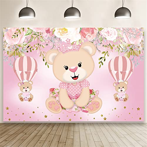 Renaiss 1.8x1.2m Fondo de Oso Rosa Globo de Aire Caliente Oso Flor Fotografía Fondo Niños Bebé Fiesta de cumpleaños Decoración Pastel Mesa Banner Niñas Princesa Retrato Disparos Vinilo Foto Props
