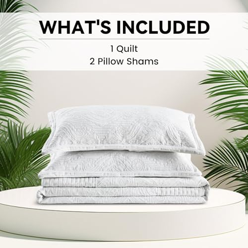 Image of ENJOHOS Oversized King Quilt White, 128x120 California King Bedspread, 3 Piece Soft Microfiber Lightweight Extra Wide Bedding Comforter Set, Vintage Boho Striped Pattern Summer Coverlet