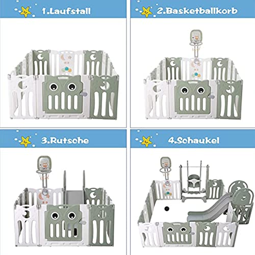 Foto von CHUNTIANMEI Faltbar laufstall Baby Schutzgitter inkl Rutsche & Schaukel & Basketballkorb, Laufgitter Absperrgitter 16 Paneele Schutzgitter Krabbelgitter für 2-8 Jahre Kinder