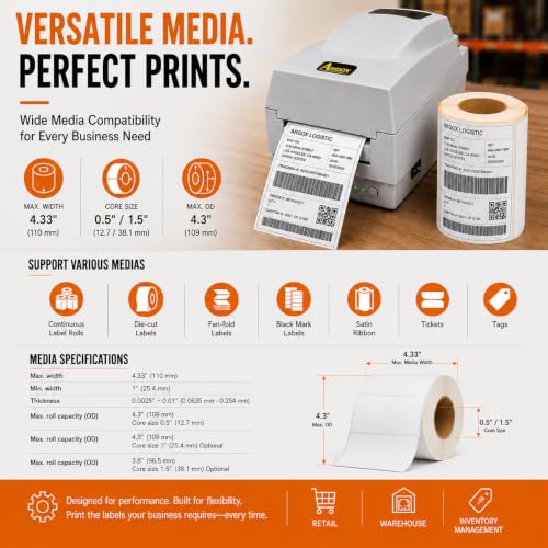 Image of ARGOX OS-214plus Pro 4 inch Thermal Transfer Shipping Label Printer, 4x6 Barcode & Product Label Printer for Small Business, Custom Ribbon Printing & Packaging Labels, 203 DPI, USB, RS-232
