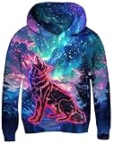 AIDEAONE Kids Fleece Hoodies for 8 9 10 Years Boys Girls 3D Wolf Pullover Sweatshirts Galaxy Print Hooded Activewear with Pocket