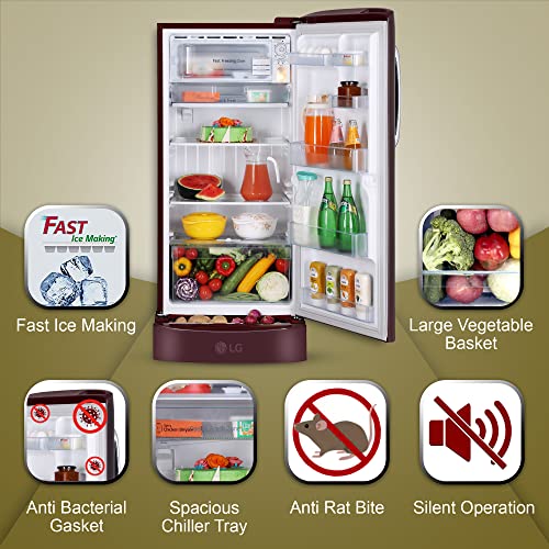 Image of LG 215 L 5 Star Inverter Direct-Cool Single Door Refrigerator Appliance (GL-D221ASEZ, Scarlet Euphoria, Base stand with drawer & Smart connect, 2022 Model)