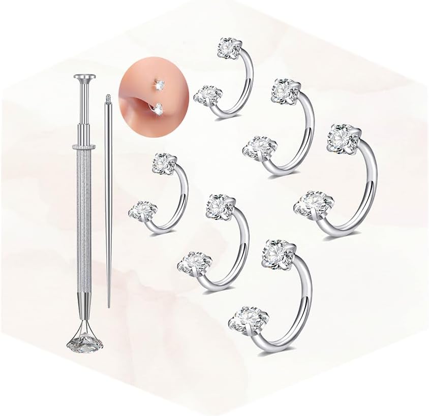 Longita 18g 20g Horseshoe Nose Ring for Women Double Gem Horse Shoe Nose Ring Hoop 6mm 7mm 8mm Surgical Steel Silver Cartilage Helix Tragus Earring Hoops Labret Lip Piercing Jewelry Small Septum Rings