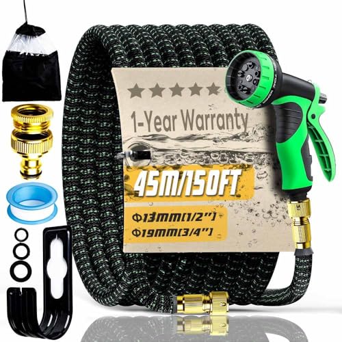 Gartenschlauch 45M Wasserschlauch Erweiterbares Gartenschlauch-Set 150FT mit 10 Modi Wassersprühpistole und 3-lagigem Latexkern mit 3/4 Zoll & 1/2 Zoll Anschluss, erweiterbar, magischer (150FT) Gartenschlauch 45M Wasserschlauch Erweiterbares Gartenschlauch-Set 150FT mit 10 Modi Wassersprühpistole und 3-lagigem Latexkern mit 3/4 Zoll & 1/2 Zoll Anschluss, erweiterbar, magischer (150FT)