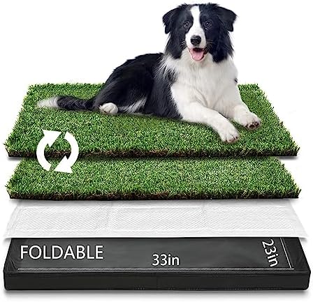 HQ4US Dog Grass Pad with Foldable Dog Litter Box, Large (33”×23”), for Balcony, 2 Artficial Grass Pee Pads for Dogs, Dog Pee Pad Holder, Potty Training…