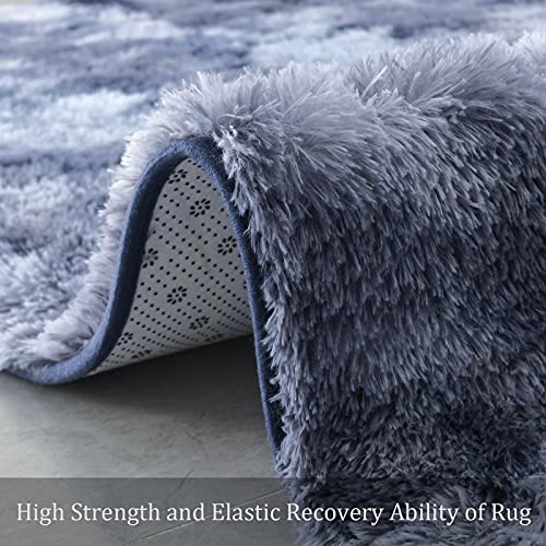 Astorug Fluffy Shaggy Rug Dorm Carpet Area Rug For Bedroom Living Room Bedside Rug For Kids Room Non-Slip Nursery Rug Home Decor Rectangle Fuzzy Rugs,Tie-Dyed Blue,4X6 Feet #TOP6