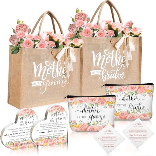 Hushee 2 Set Mother of Bride and Groom Gifts Set Includes Handbag Canvas Makeup Bag Acrylic Heart Decoration Wedding Handkerchief for Mom Mother in Law Bridal (Flower)