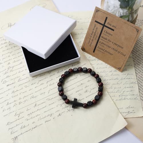 Pulsera de madera con dijes de cruz en acero inoxidable negro miniatura 5