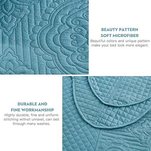 Image of HZ & HY Oversized King Bedspread, Embossed Damask Quilt Set King /Cal King, Lightweight Reversible Coverlet, Scalloped Edge - Fresh Classic Look, 5 Piece, Lagoon