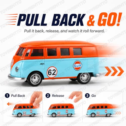 Image of VWT1 1:32 Scale Die-Cast Toy Bus with Pull Back Action, Lights and Music, Openable Side Door, Rolling Wheels, Retro Camper Van Collectible Model for Kids, Adults, Display, Play and Gifting