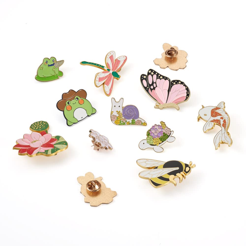 Cheriswelry 12Pcs Bee Butterfly Frog Enamel Alloy Pins Dragonfly Cyprinoid Tortoise Snail Shape Brooch Pins Lotus Lapel Pins 19.5-45.5mm for Clothes Jacket Bags Backpack Hats Decor