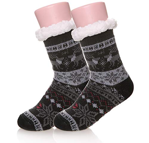 Kids Boys Girls Fuzzy Slipper Socks Soft Warm Thick Fleece lined Christmas Stockings For Child Toddler Winter Home Socks (Black, 5-8 Years)