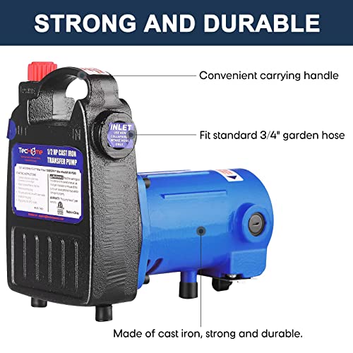 Image of TecHome 1 /2 HP Cast Iron Transfer Pump, 120V 1560GPH Water Pump, High Pressure Transfer Pump with Suction Strainer and Brass Connectors.
