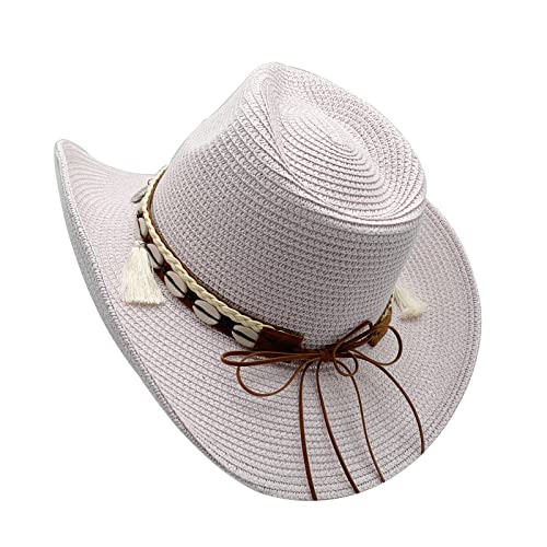 Image of Western Straw Cowboy Hat for Women Beach Sun Hat for Men Wide Brim Fedora Hat Cowgirl Hats Summer Panama Hat