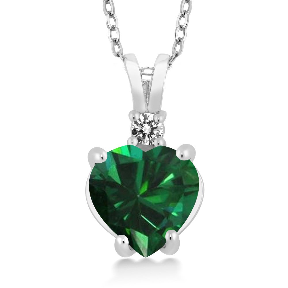 Gem Stone King 14K White Gold Green Simulated Emerald and White Diamond Heart Pendant Necklace For Women | 1.5 Cttw | 8MM Heart and 2.5MM Round | With