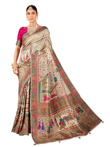 Image of Glory Sarees Women's Luxurious Dola Pure Silk Original Saree Position Print Work Madhubani Inspired Motifs Banarasi Kanjivaram Style Saree With Blouse Piece (Elegant101 Parent)