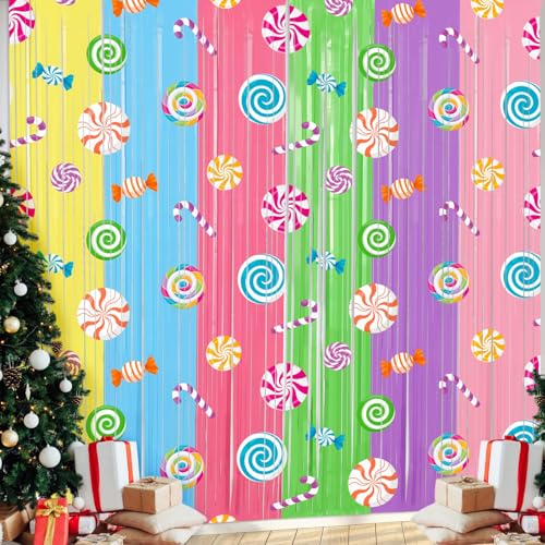 Blosssound 2 Packs Candyland Party Decorations 3.3 x 6.6 ft Halloween Candy Foil Fringe Curtain Lollipop Tinsel Streamers for Halloween Candyland Birthday Baby Shower Sweet Shop Decor(2 Packs, Candy)