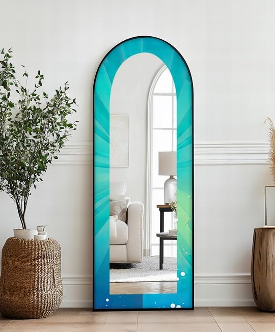 23,5’’W x 67’’H Ocean Glow – Aqua Gradient Radiant Arch Abstract Floor Mirror Arched Full Lenght Mirror - Arch Full Body Stained Floor Mirror with Black Frame with Gold Frame