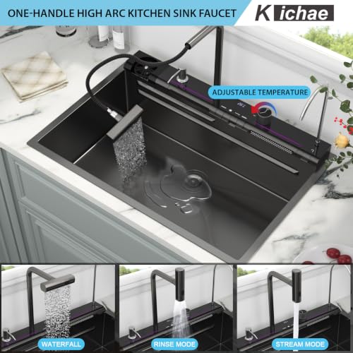 Image of Kichae 33x22 Drop In Waterfall Kitchen Sink Black Stainless Steel 16 Gauge
