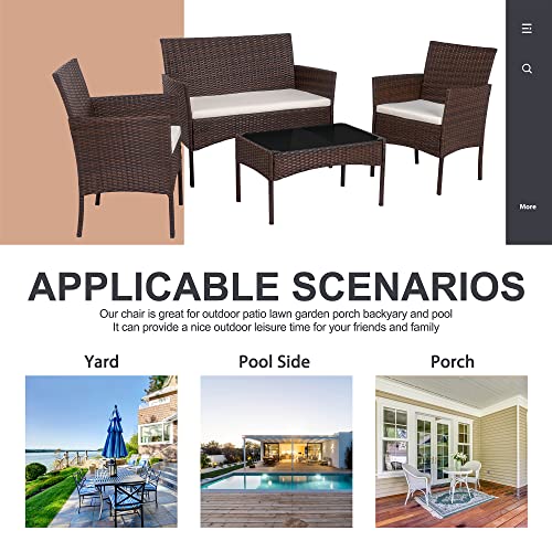 Image of Shintenchi 4 Piece Outdoor Patio Furniture Set, Wicker Rattan Patio Conversation Set, Outdoor Chairs and Loveseat with Coffee Table for Porch, Yard & Poolside (Brown)