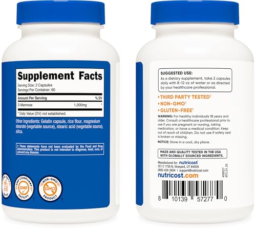 Image of Nutricost D-Mannose 1000mg Per Serving, 120 Capsules - 500mg Per Capsule, Urinary Tract Health, Non-GMO and Gluten Free (Pack of 2)