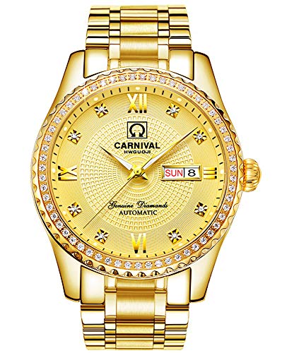 Carnival Mens Dial Automatic Full Gold Stainless Steel Sapphire Glass Waterproof Men Black Watch (Full Gold)