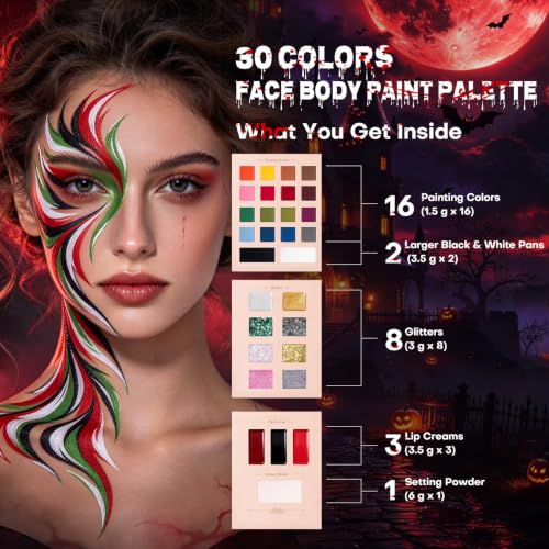 KIMUSE Face Paint Palette for Halloween Makeup, 18 Colors Face Painting Kit, 8 Glitters, 3 Lip Creams & Setting Powder, Halloween Makeup Kit for Cosplay, Costume, Festival, Kids & Adults - image 2