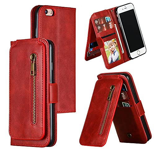 QLTYPRI Case for iPhone 7 Plus 8 Plus, Wallet Case with Premium PU Leather Zipper Purse Credit Card Holder Slot Kickstand Wrist Strap Dual Layer Protective Case for iPhone 7 Plus 8 Plus - Red