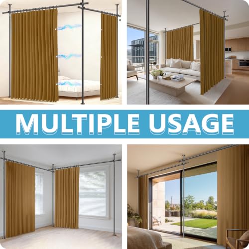 Image of JILRON Room Divider Curtains Set No-Drill : Includes 106 inch W x 84 inch L Brown Curtain 2-Panel & Adjustable Pole Brackets (72-200 inch W x 43-120 inch H Adjustable Range)