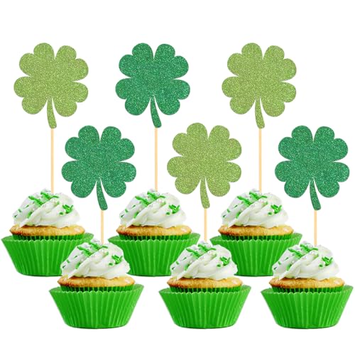 24 PCS Glitter Lucky Four Leaf Clover Cupcake Toppers, St.Patrick's Day Shamrock Cake Toppers for for St Patrick's Day Party Decorations (Trefoil B)
