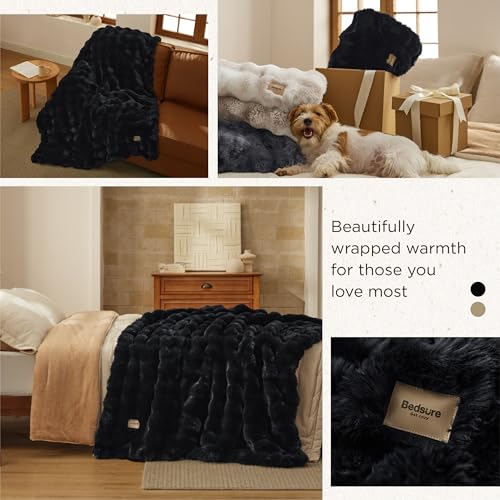 Bedsure GentleSoft Fluffy Faux Fur Throw Blanket for Couch, Soft Fuzzy Bubble Blanket Home Decor Gifts for Bedroom Living Room, Thick Warm Furry Cozy Gifts for Women, Black, 50x60 Inch