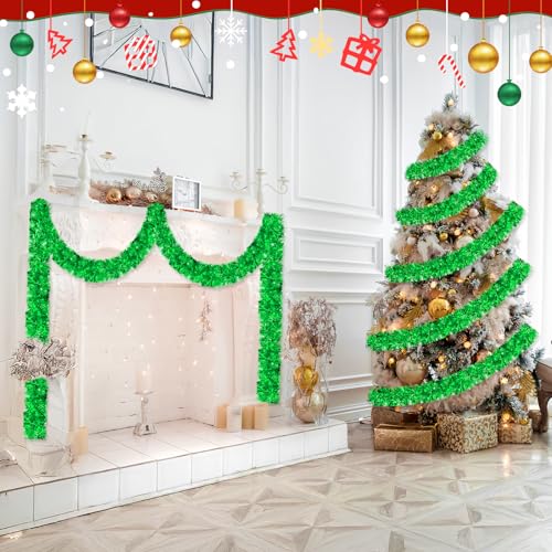 Image of 50FT Green Christmas Tinsel Garland - Metallic Tinsel Glitter Twist Garland Hanging Streamers for Indoor Decor, Xmas Tree Garlands Decorations